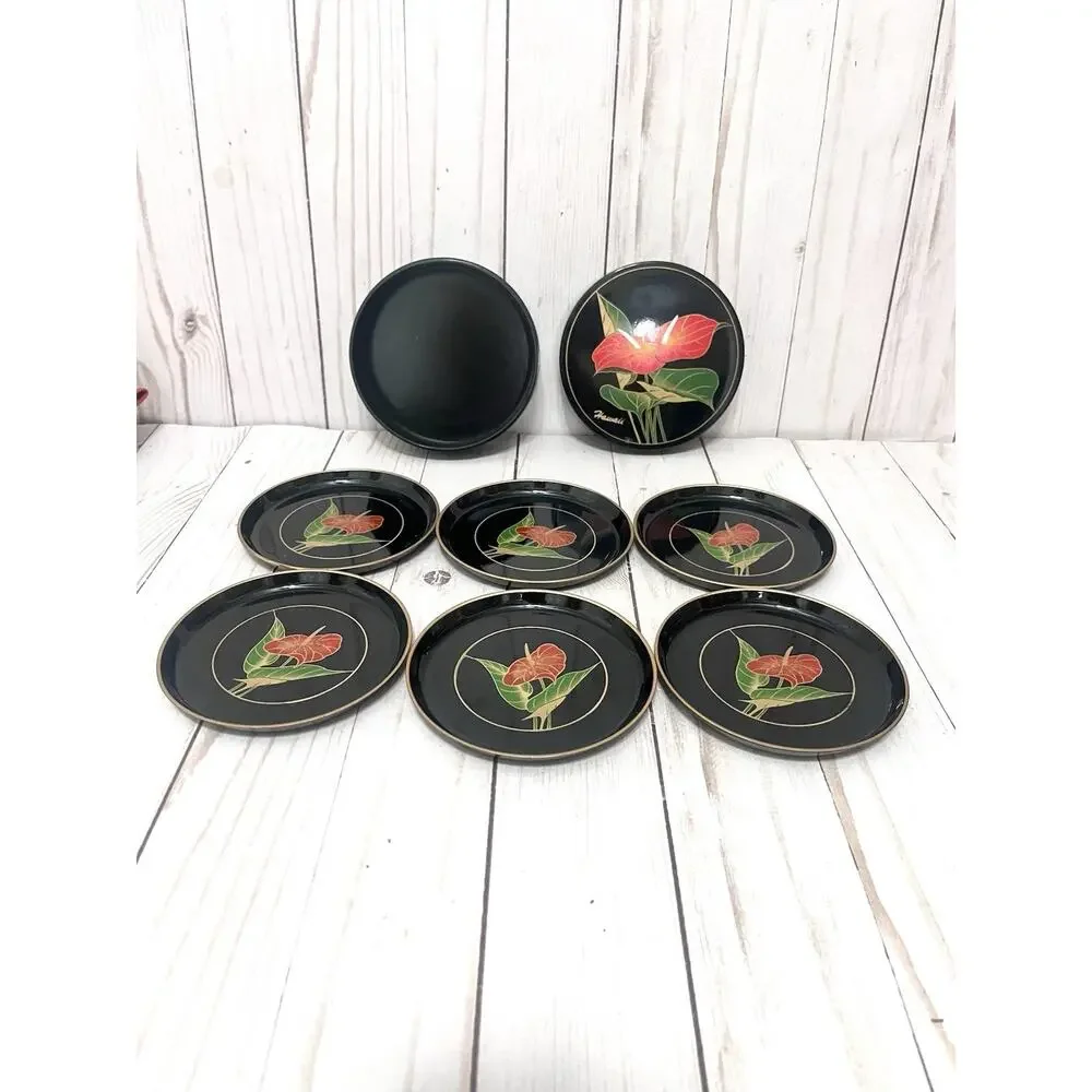 Vintage Japan Anthurium Black Lacquer (6) Coaster Set With Storage Box